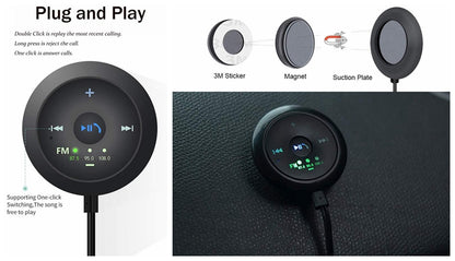 Round black Bluetooth FM transmitter with buttons and LED display, suction mount shown.