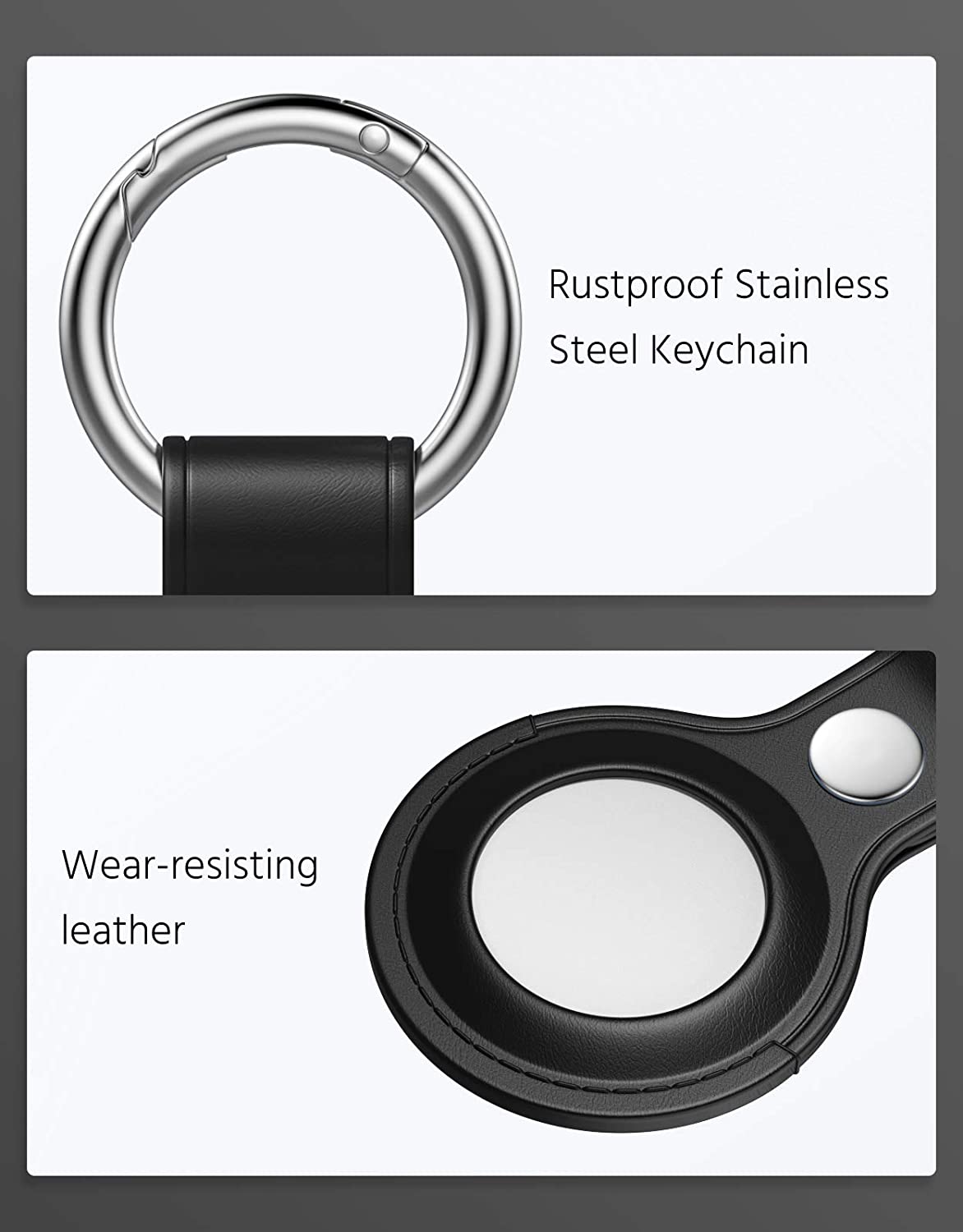 Stainless steel keychain and black leather case shown on a white background.