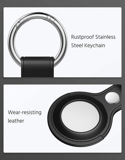 Stainless steel keychain and black leather case shown on a white background.