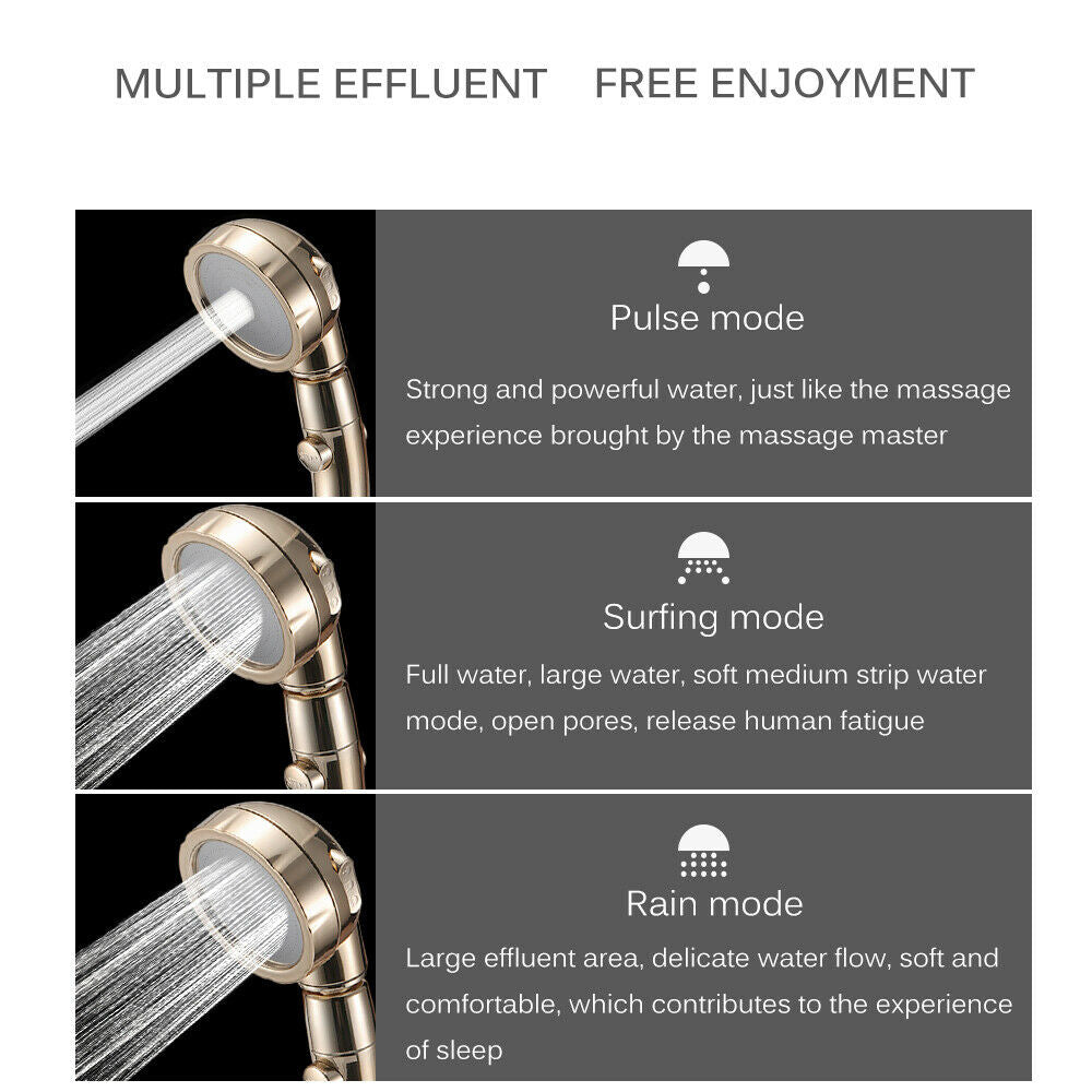 Shower head with three modes: Pulse, Surfing, and Rain, showcasing varied water flow patterns.