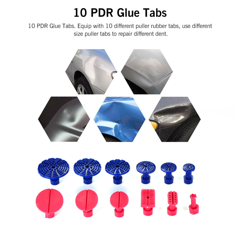 Red and blue PDR glue tabs with hexagonal car dent images above them.