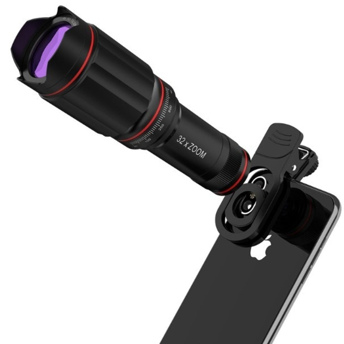 Smartphone attached to a black 32x zoom lens with red accents, clipped to the back camera.