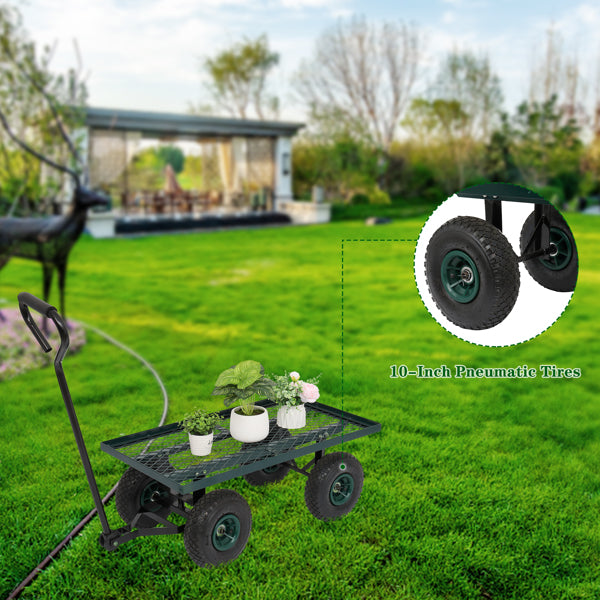 A garden wagon with plants on green grass, featuring 10-inch pneumatic tires.