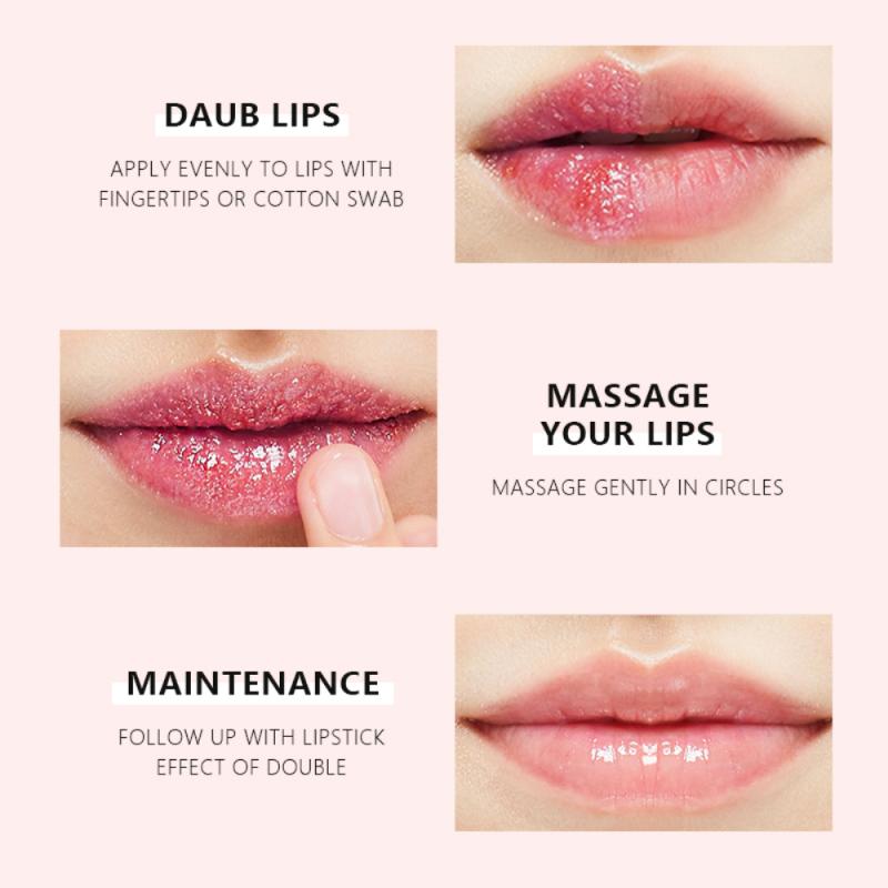 Close-up of pink lips showing steps: apply product, massage in circles, and final shiny result.