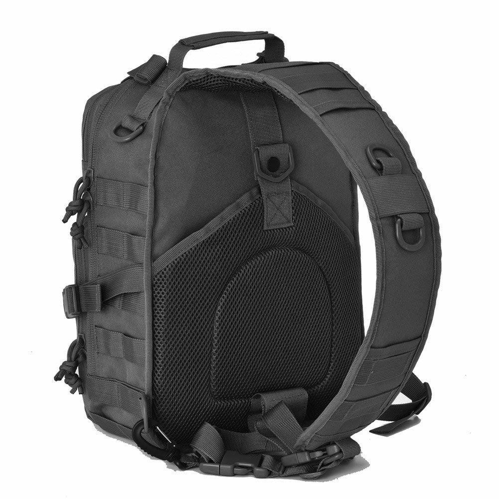 Black tactical backpack with multiple straps, mesh padding, and a single shoulder strap with loops.