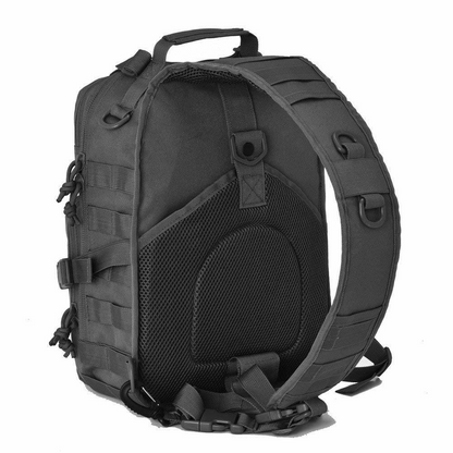 Black tactical backpack with multiple straps, mesh padding, and a single shoulder strap with loops.