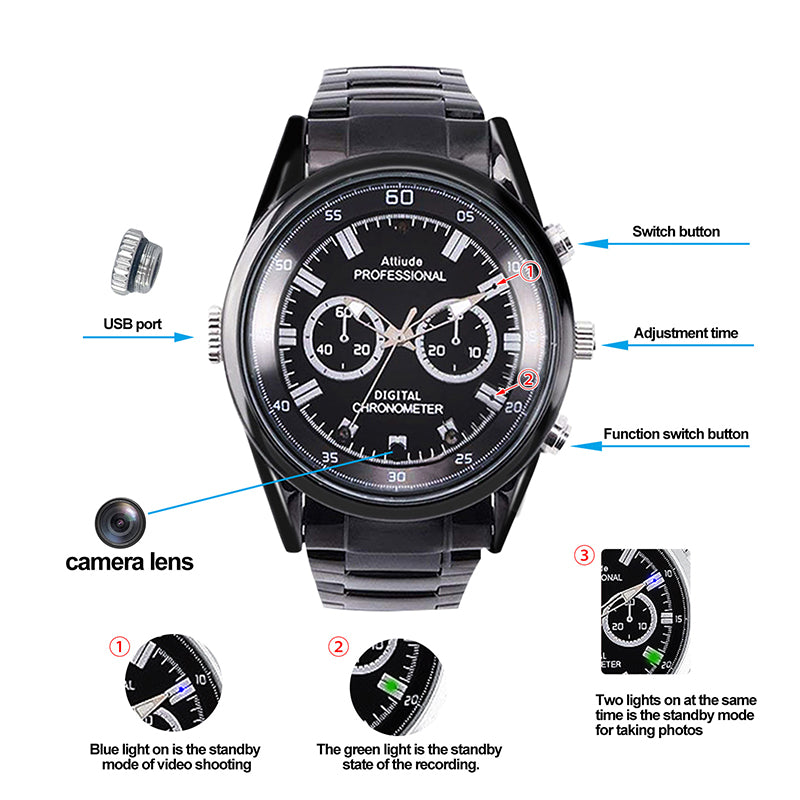 Black digital chronometer wristwatch with labeled buttons and indicators.