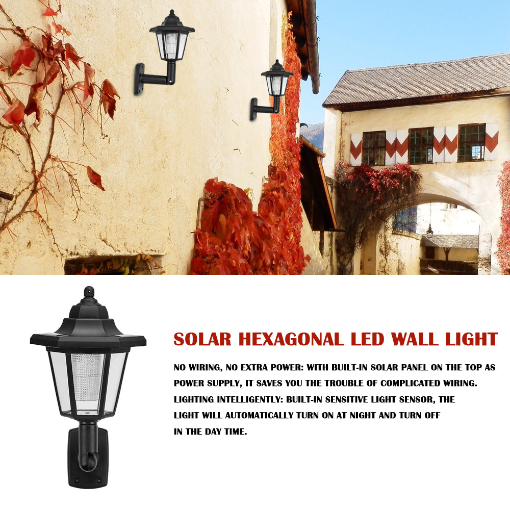 Black hexagonal wall lights on a beige wall, surrounded by red ivy, with text about solar LED features.