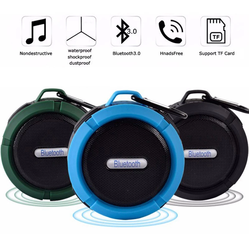 Three round Bluetooth speakers in green, blue, and black with icons of features above.