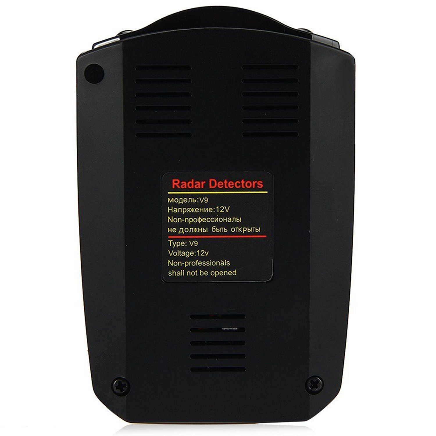 Black radar detector with vents, screws, and a label in red, yellow, and white text.