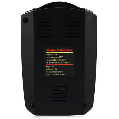 Black radar detector with vents, screws, and a label in red, yellow, and white text.