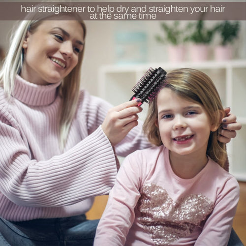 Woman using a hairbrush on a smiling girl&