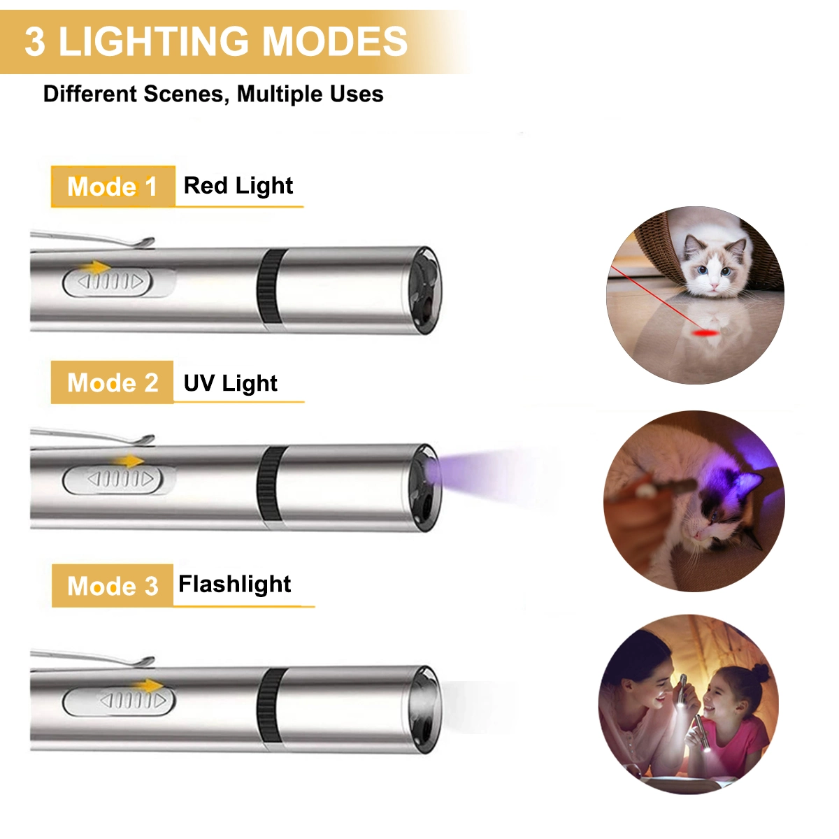 Three silver laser pointers with red, UV, and white light modes, showing various use cases with pets.