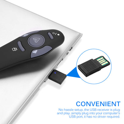 Black remote and USB receiver on a silver laptop, with blue text highlighting convenience.