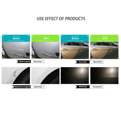 Comparison of car panels before and after repair, showing scratch removal and refinishing results.