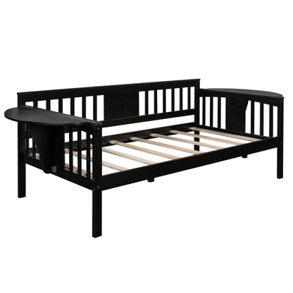 Black wooden daybed with slatted frame, high backrest, side panels, and integrated shelves.