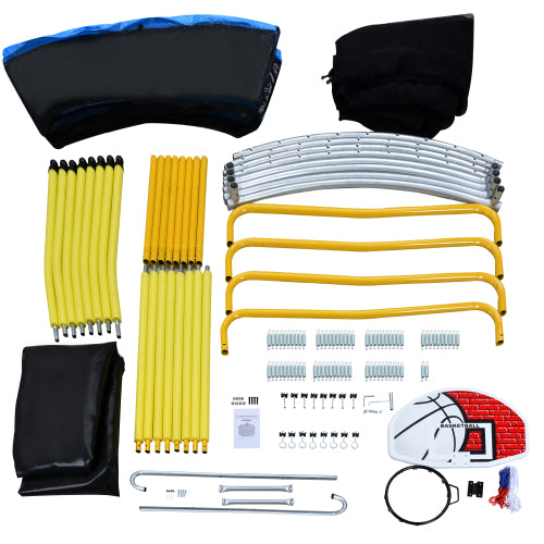 Sports equipment parts laid out: yellow poles, metal frames, black bags, red basketball backboard.