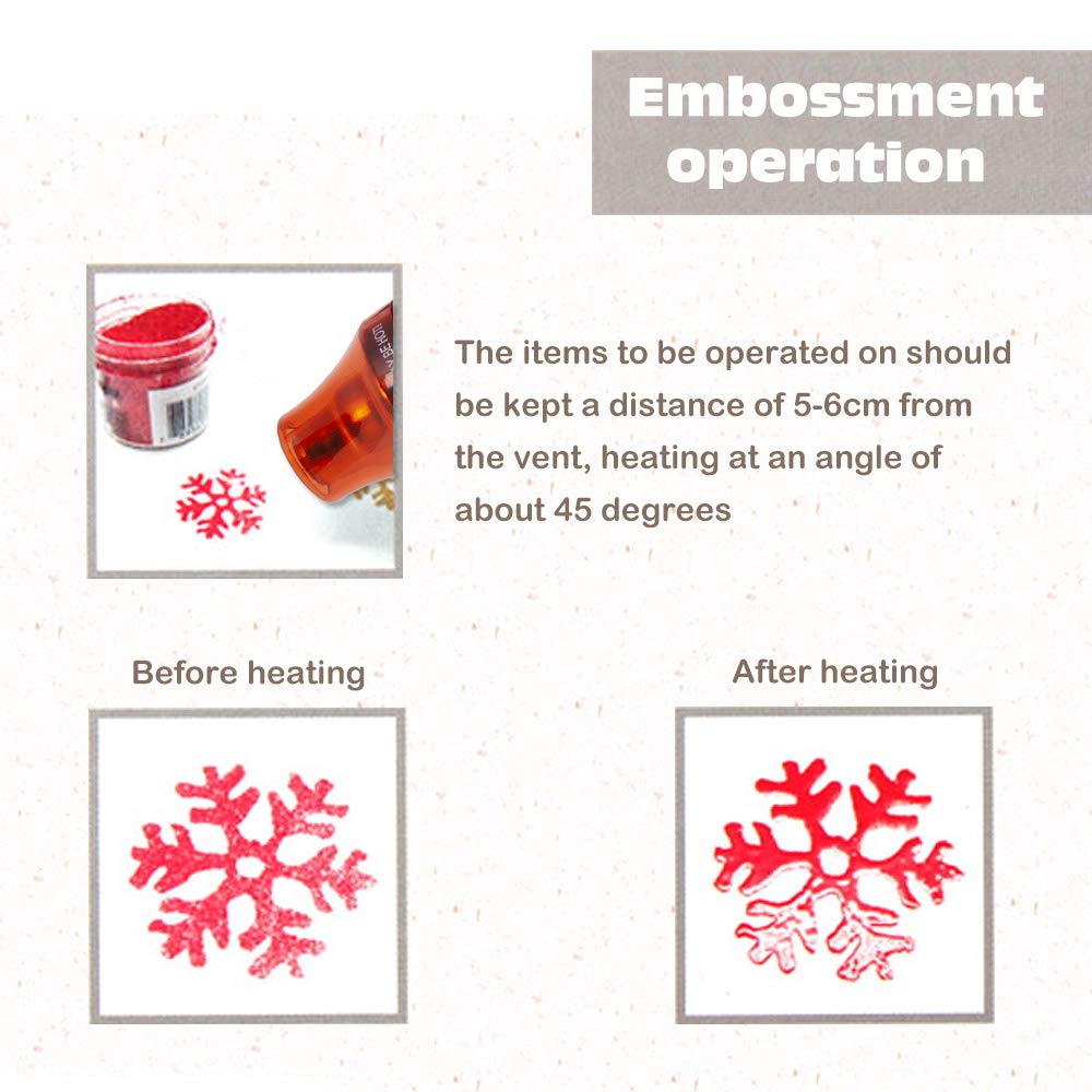Red glitter and heat tool used to emboss a snowflake pattern; before and after images shown.