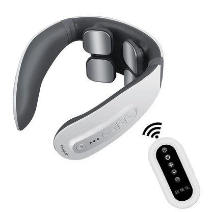 White and gray neck massager with buttons, accompanied by a black and white remote control.