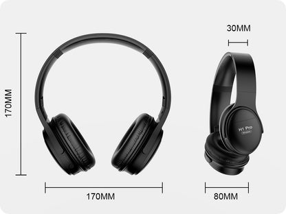 Black over-ear headphones with dimensions: 170mm high, 170mm wide, 80mm pad width.