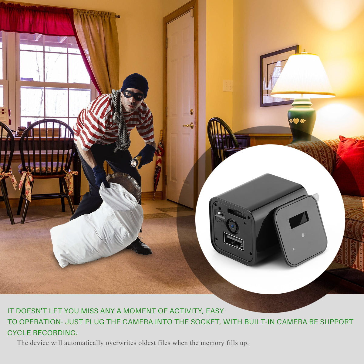 Masked person in striped shirt holding a bag indoors; inset shows small black security camera.