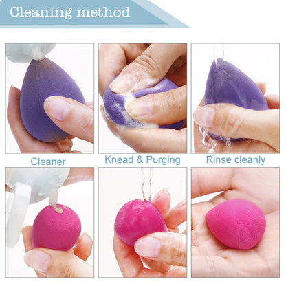 Step-by-step cleaning of purple and pink makeup sponges with hands and water.