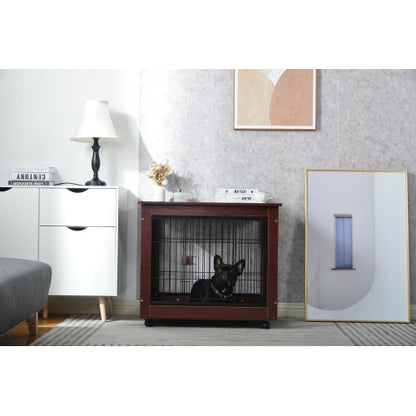Black dog in wooden crate beside white lamp table; modern artwork and decor in room.