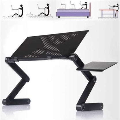 Adjustable black laptop stand with perforated surface, angled legs, and additional small platform.