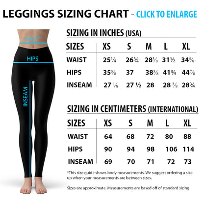 Leggings sizing chart with waist, hips, inseam in inches and centimeters for sizes XS to XL.