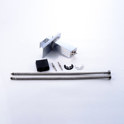 Silver faucet parts on a white background, including hoses, screws, and a black component.