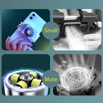 Collage of cooling fans on devices; blue, black and white colors with "Small" and "Mute" text.
