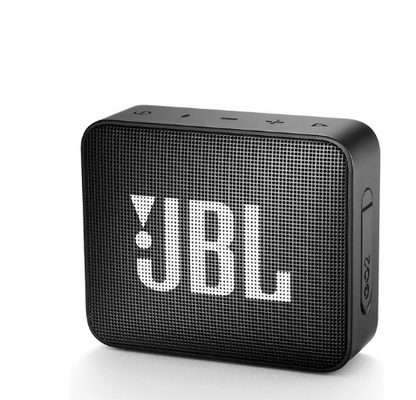 Black portable speaker with the JBL logo, mesh grille, and buttons on top.