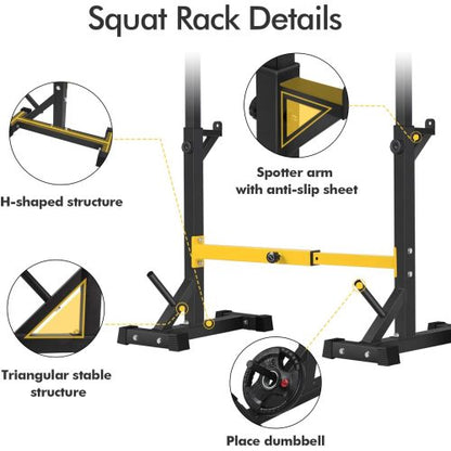 Squat rack with black and yellow features; H-shaped and triangular structures shown.