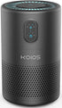 Black cylindrical air purifier with digital buttons and blue light accents on the top.