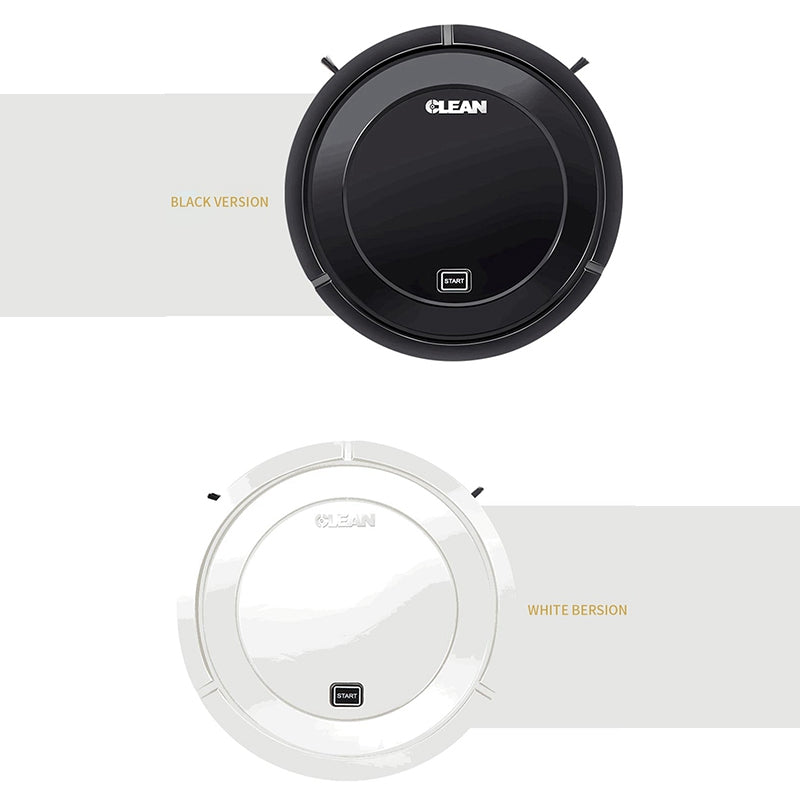 Black and white robotic vacuums, each with a circular design and "START" button on top.