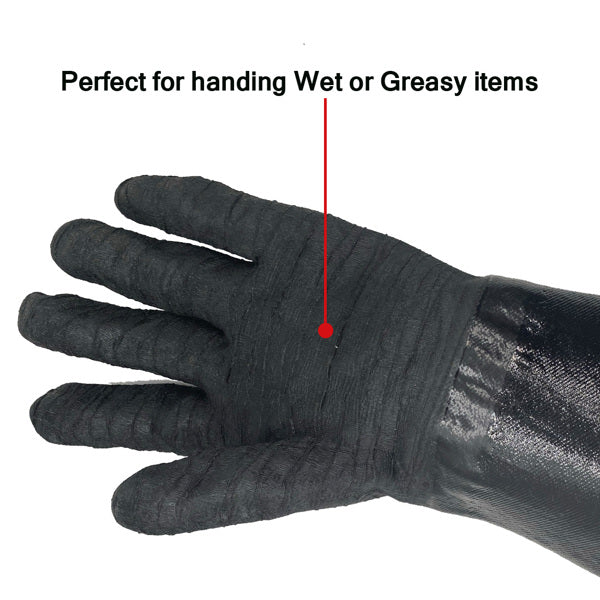 Black textured glove, shiny surface, labeled "Perfect for handling wet or greasy items."