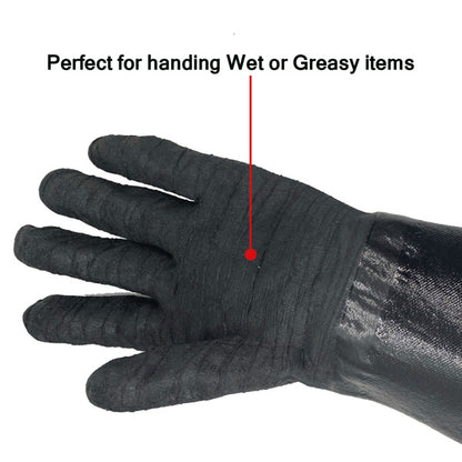 Black textured glove, shiny surface, labeled "Perfect for handling wet or greasy items."