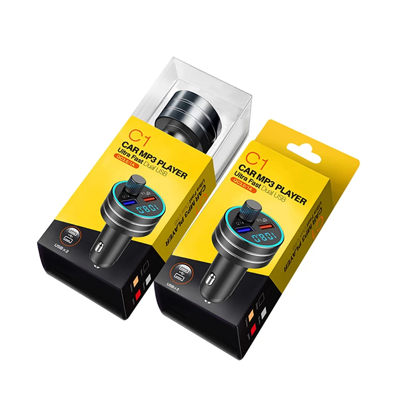Two yellow boxed car MP3 players with digital displays and USB ports, angled side by side.