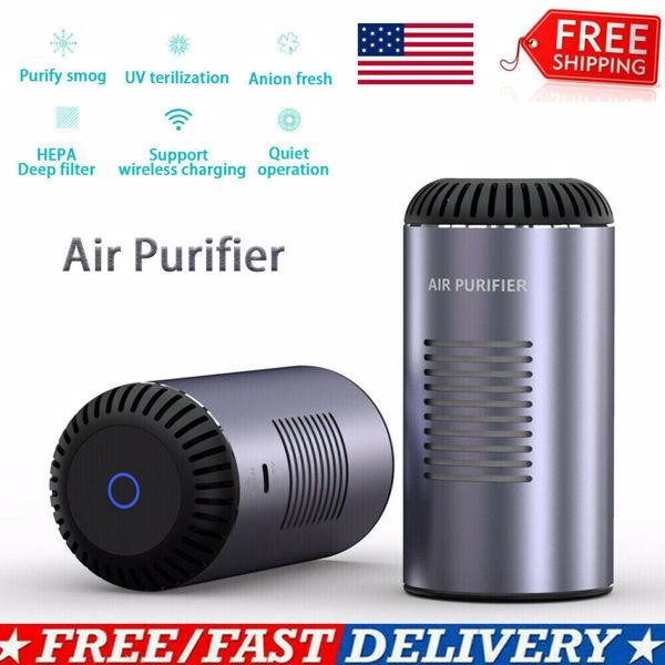 Sleek gray cylindrical air purifier with black vents and blue ring accents, labeled features above.