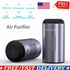 Sleek gray cylindrical air purifier with black vents and blue ring accents, labeled features above.