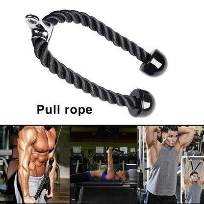 Black twisted rope with rubber ends, silver attachment, and gym images below.