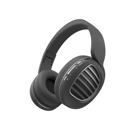 Sleek black over-ear headphones with padded ear cups and metallic grill details on the sides.