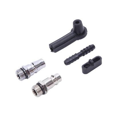 Black and silver metal connectors and adapters on white background, including elbow and straight pieces.