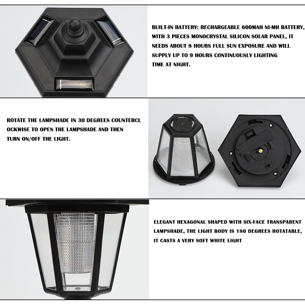 Hexagonal black lamp with solar panels and transparent sides, shown disassembled and assembled.