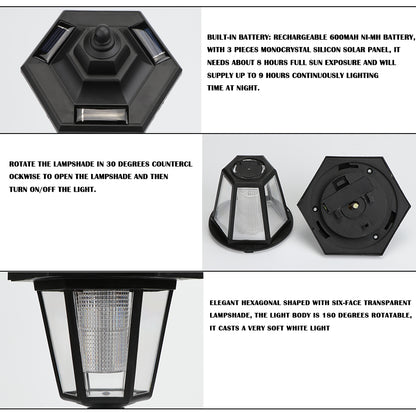 Hexagonal black lamp with solar panels and transparent sides, shown disassembled and assembled.