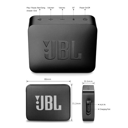 Black JBL speaker with control icons on top, front grille, and side ports. Dimensions labeled.