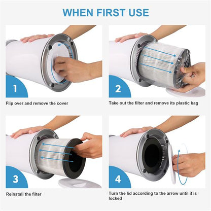 Steps for air purifier setup: remove cover, unpack filter, reinstall it, then secure the lid.
