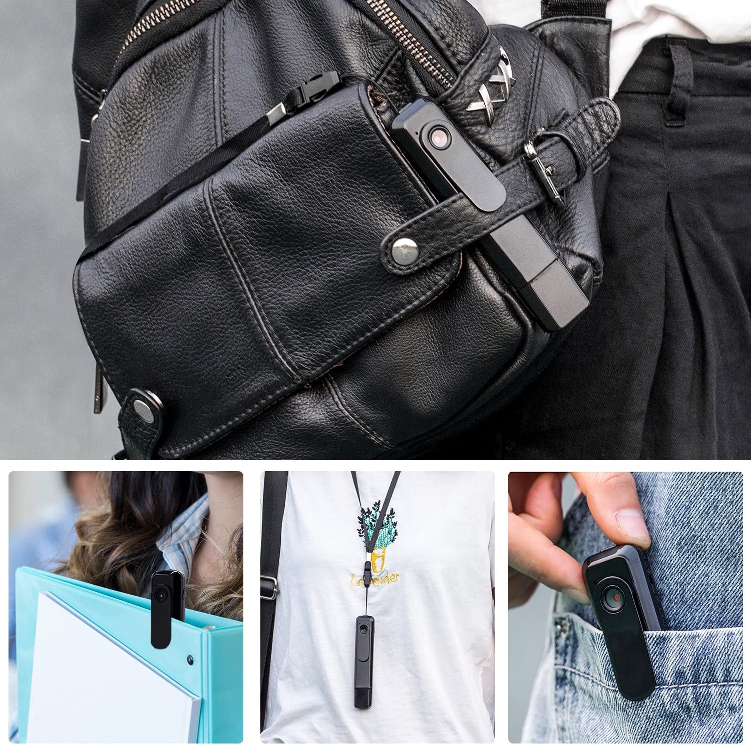 Various black clip-on cameras attached to a bag, binder, lanyard, and pocket.