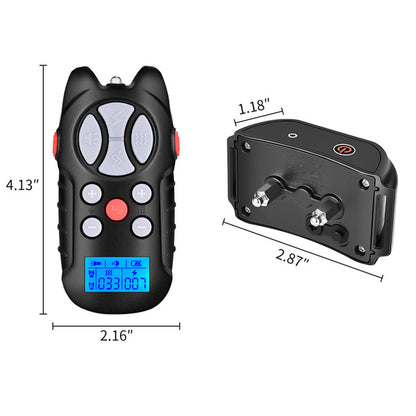 Black remote with blue screen, multiple buttons; collar device with dimensions shown.