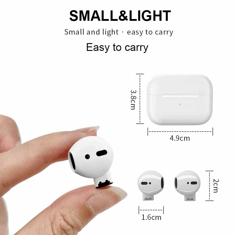 White earbud held between fingers with dimensions; charging case shown, labeled small and light.